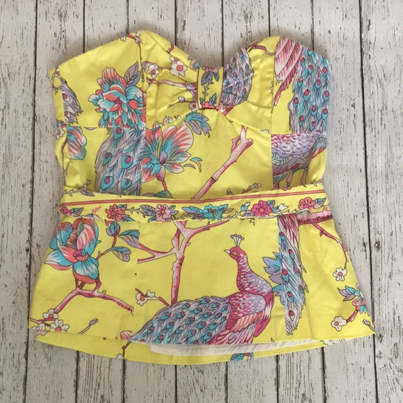 Tibi Tops - Tibi yellow peacock print strapless bustier top